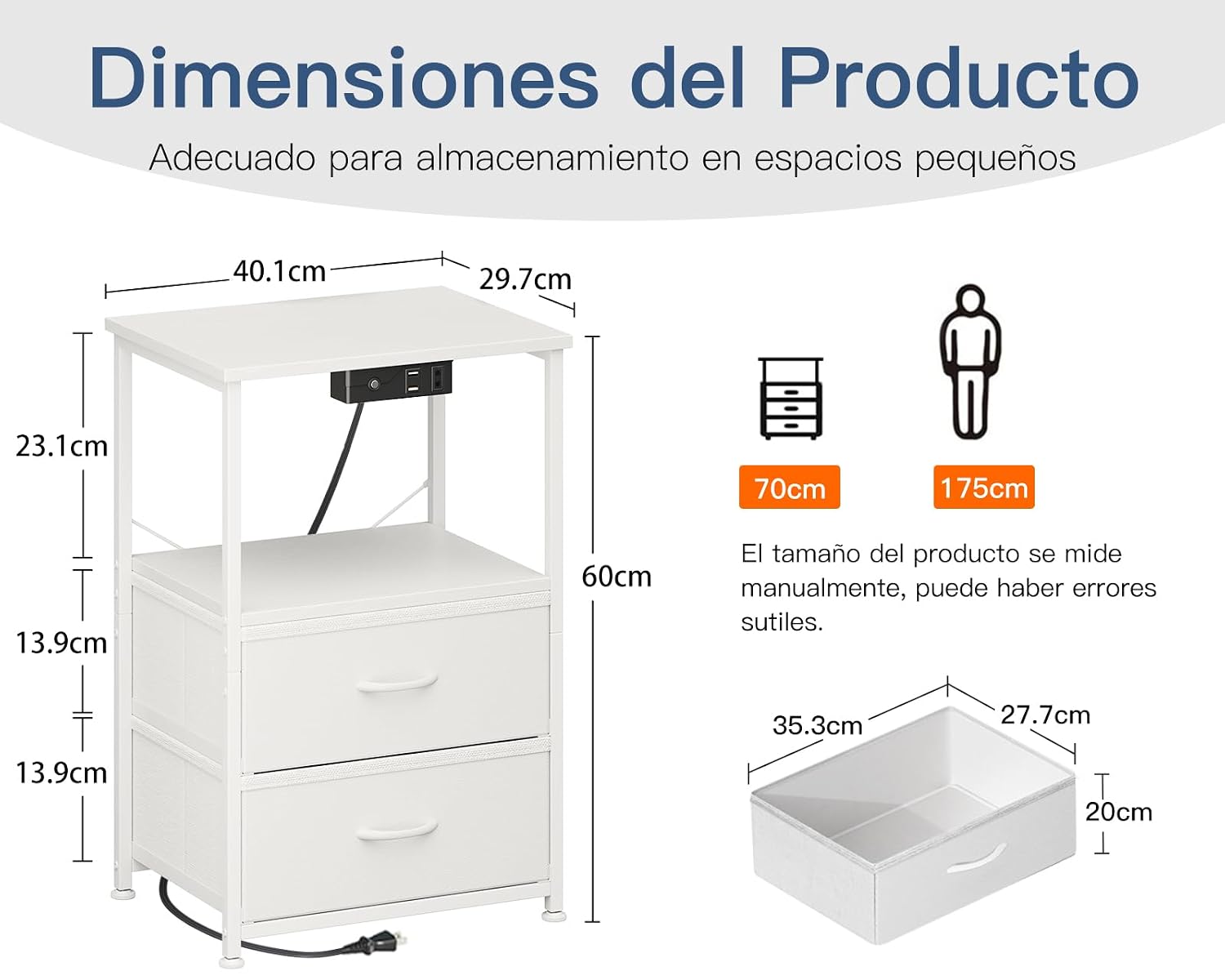 Chollo Coleshome Mesitas de Noche, con Enchufe, 2 Puertos USB y Tira de Luces LED, Mesita de Noche con 2 Cajones de Tela y 1 Espacio de Almacenamiento, 40 x 30 x 60 cm, 1 Paquete