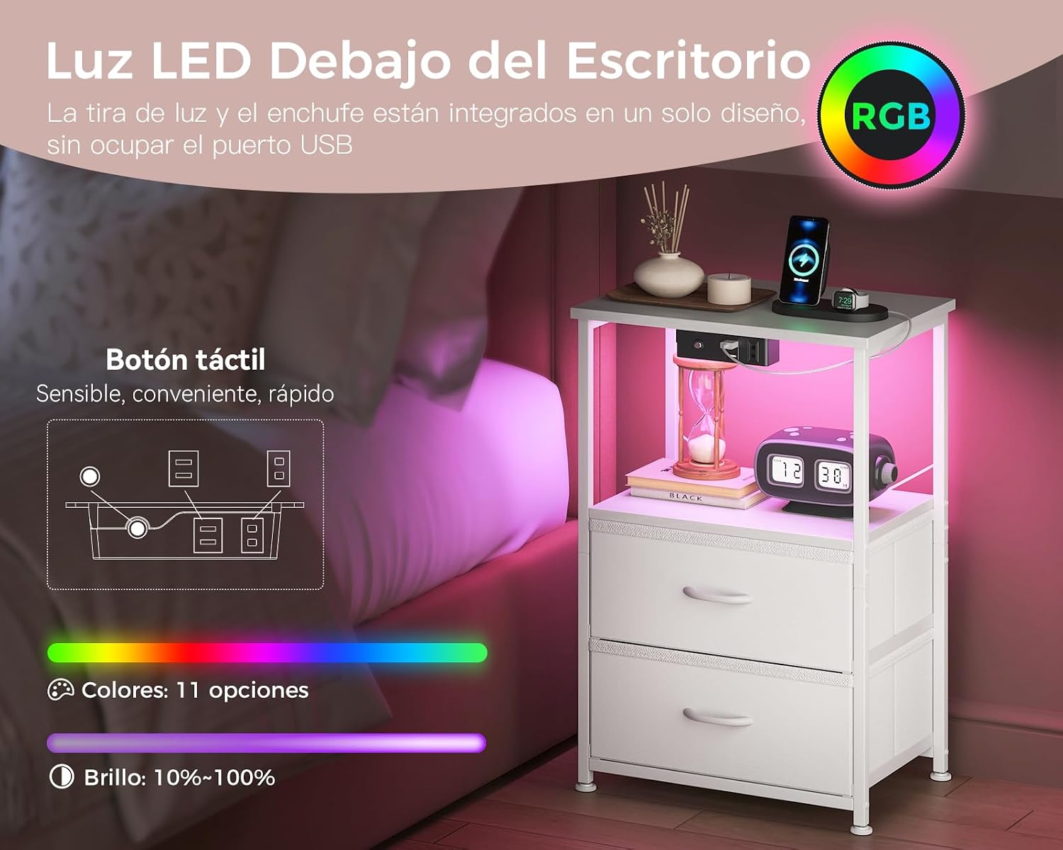 Chollo Coleshome Mesitas de Noche, con Enchufe, 2 Puertos USB y Tira de Luces LED, Mesita de Noche con 2 Cajones de Tela y 1 Espacio de Almacenamiento, 40 x 30 x 60 cm, 1 Paquete