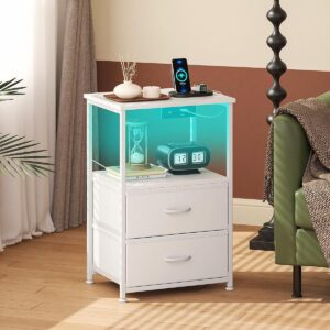 Chollo Coleshome Mesitas de Noche, con Enchufe, 2 Puertos USB y Tira de Luces LED, Mesita de Noche con 2 Cajones de Tela y 1 Espacio de Almacenamiento, 40 x 30 x 60 cm, 1 Paquete
