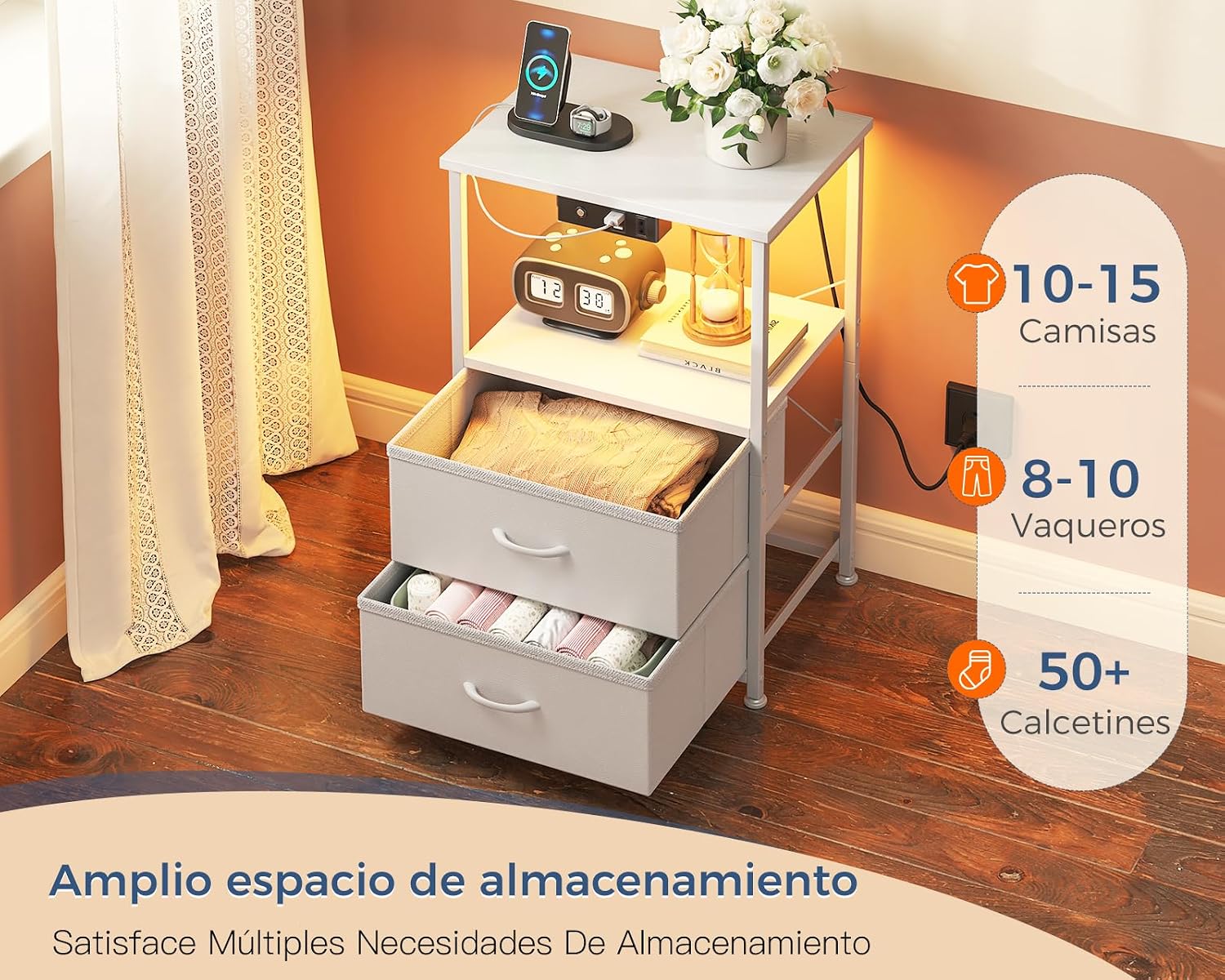 Chollo Coleshome Mesitas de Noche, con Enchufe, 2 Puertos USB y Tira de Luces LED, Mesita de Noche con 2 Cajones de Tela y 1 Espacio de Almacenamiento, 40 x 30 x 60 cm, 1 Paquete