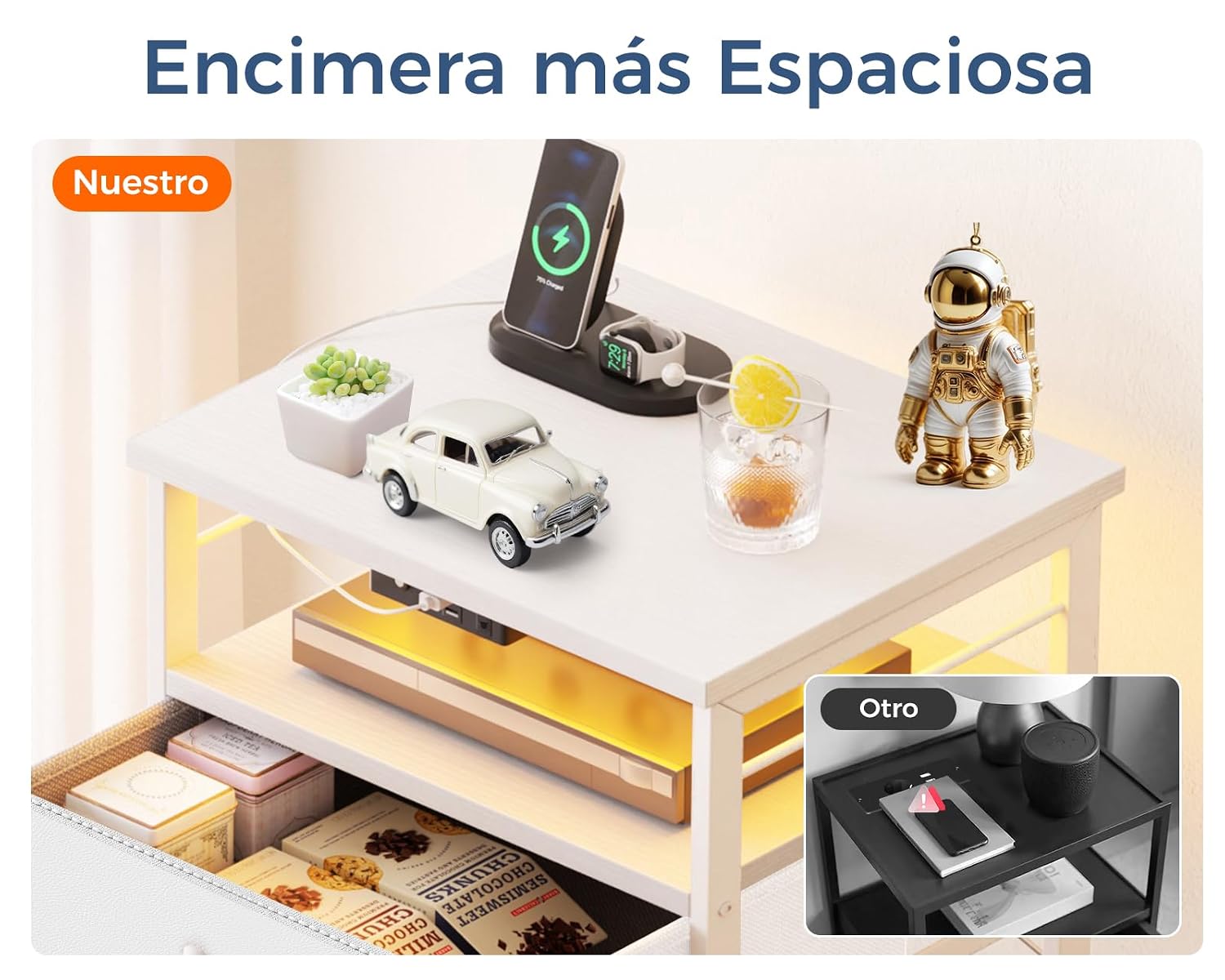 Chollo Coleshome Mesitas de Noche, con Enchufe, 2 Puertos USB y Tira de Luces LED, Mesita de Noche con 2 Cajones de Tela y 1 Espacio de Almacenamiento, 40 x 30 x 60 cm, 1 Paquete