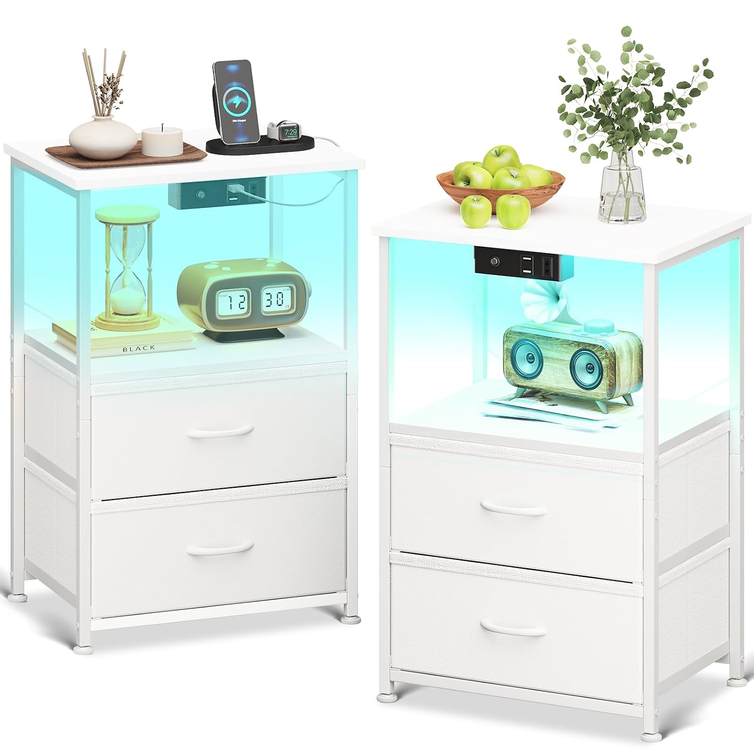 Chollo Coleshome Mesitas de Noche, con Enchufe, 2 Puertos USB y Tira de Luces LED, Mesita de Noche con 2 Cajones de Tela y 1 Espacio de Almacenamiento, 40 x 30 x 60 cm, 1 Paquete