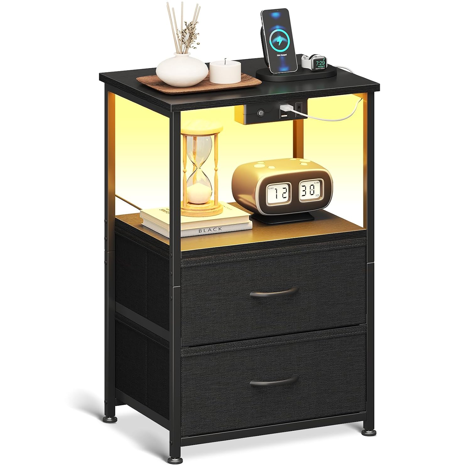 Chollo Coleshome Mesitas de Noche, con Enchufe, 2 Puertos USB y Tira de Luces LED, Mesita de Noche con 2 Cajones de Tela y 1 Espacio de Almacenamiento, 40 x 30 x 60 cm, 1 Paquete