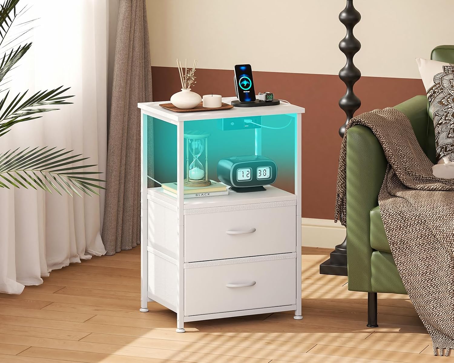 Chollo Coleshome Mesitas de Noche, con Enchufe, 2 Puertos USB y Tira de Luces LED, Mesita de Noche con 2 Cajones de Tela y 1 Espacio de Almacenamiento, 40 x 30 x 60 cm, 1 Paquete