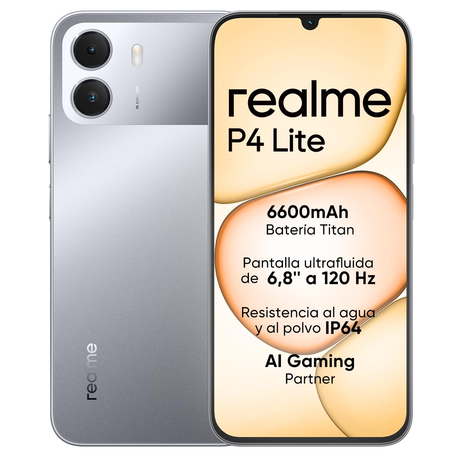 Smartphone realme P4 Lite 4G, 4GB+256GB, Pantalla LCD HD 120Hz 6,8", Batería Titan 6600mAh, Carga 15W, Carga inversa 6W, IP64 Antipolvo e Impermeable, Sistema Next IA, Gris...